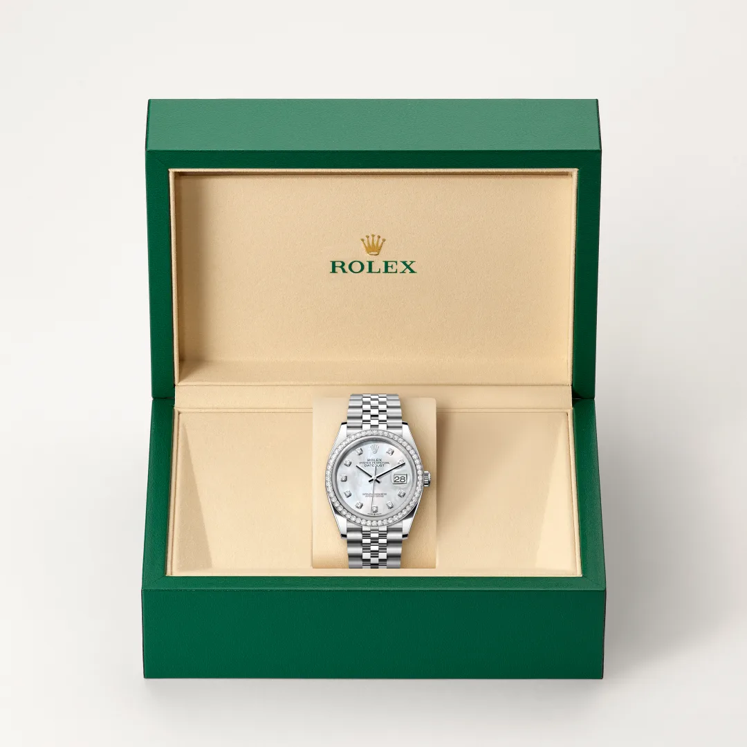Rolex datejust in Rolesor bianco (combinazione di acciaio Oystersteel e oro bianco), M126284RBR-0011 Abate 1920